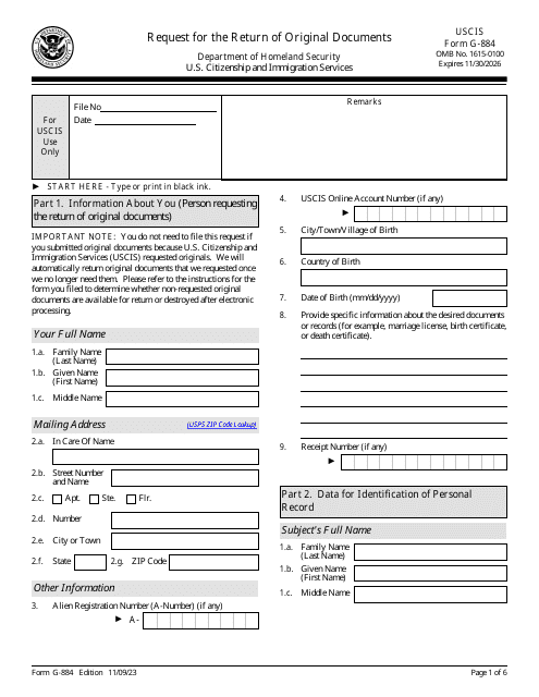 USCIS Form G-884 Request for the Return of Original Documents