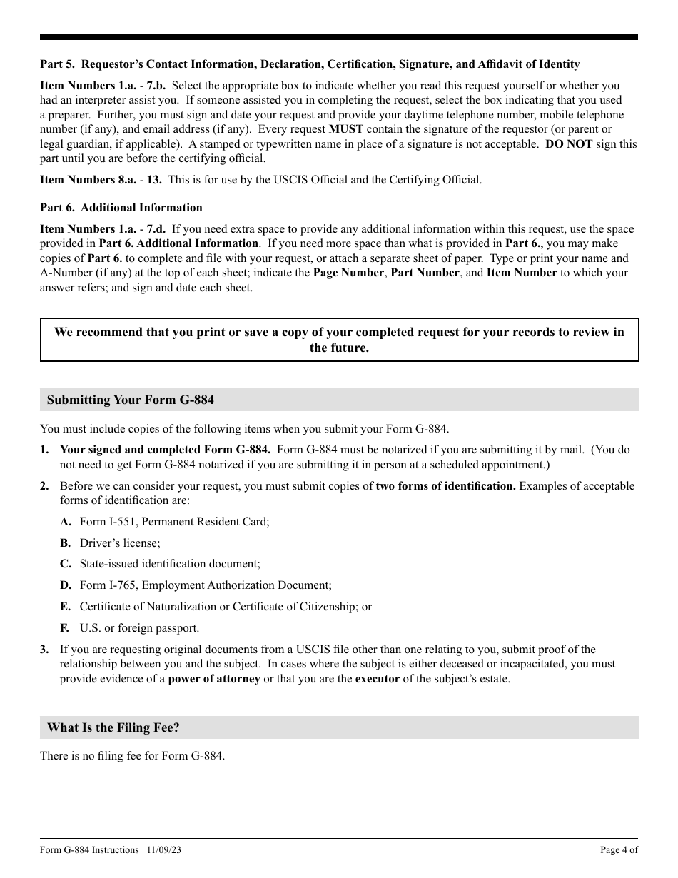 Instructions for USCIS Form G-884 Request for the Return of Original Documents, Page 4