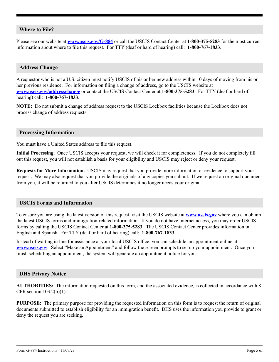 Instructions for USCIS Form G-884 Request for the Return of Original Documents, Page 5