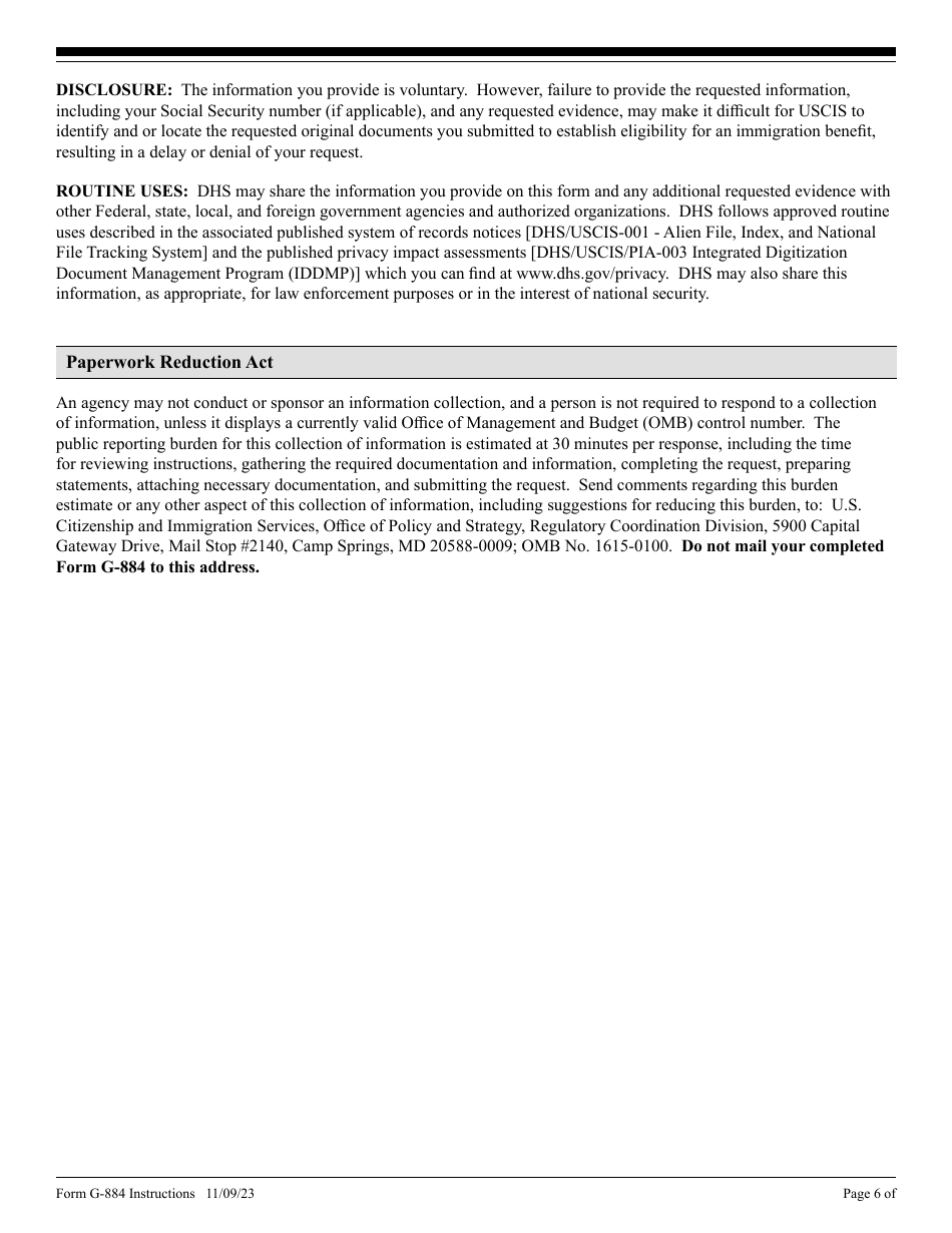 Instructions for USCIS Form G-884 Request for the Return of Original Documents, Page 6
