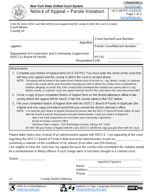 Form UCS-431PV Notice of Appeal - Parole Violation - New York