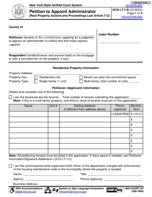 Form UCS-LT11B Petition to Appoint Administrator - New York