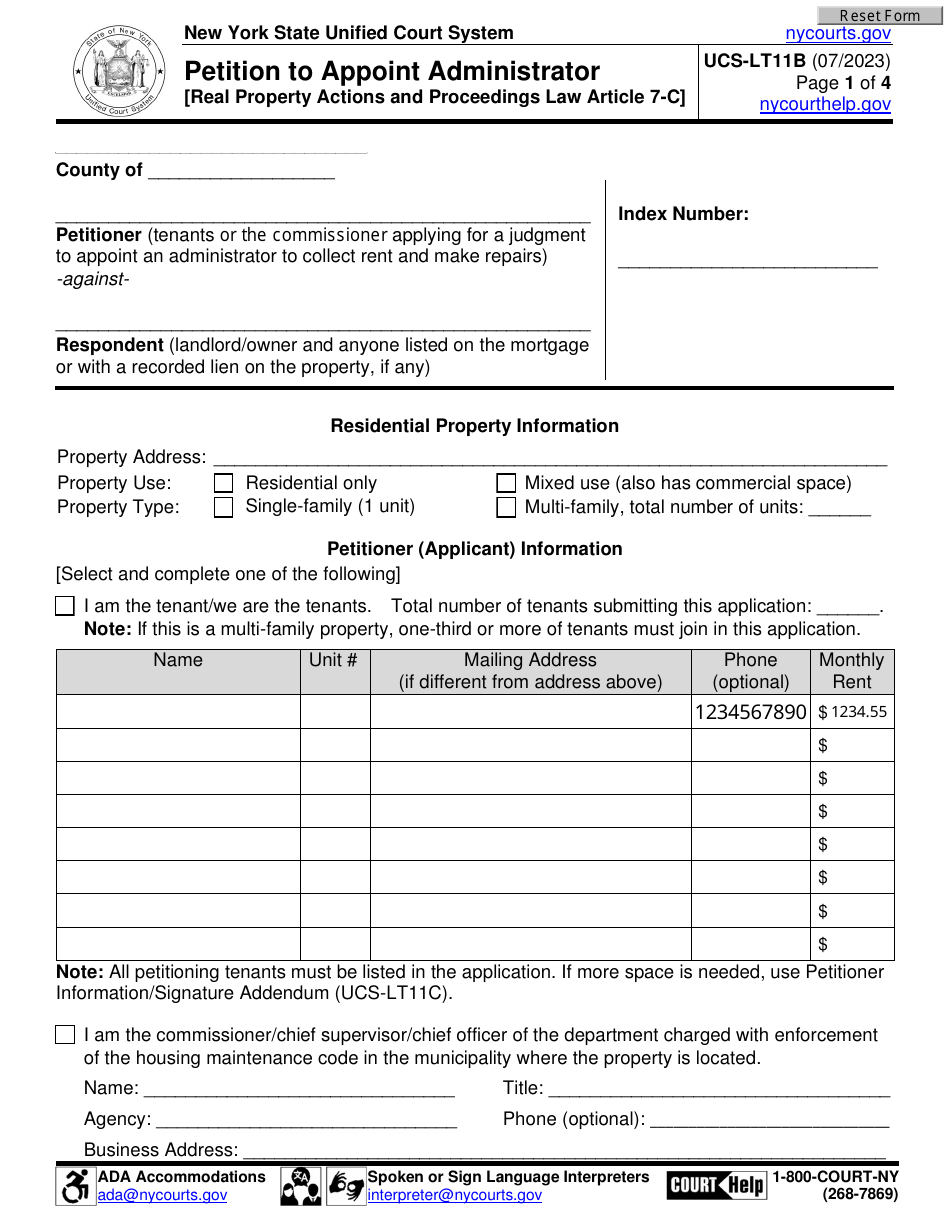 Form UCS-LT11B Petition to Appoint Administrator - New York, Page 1