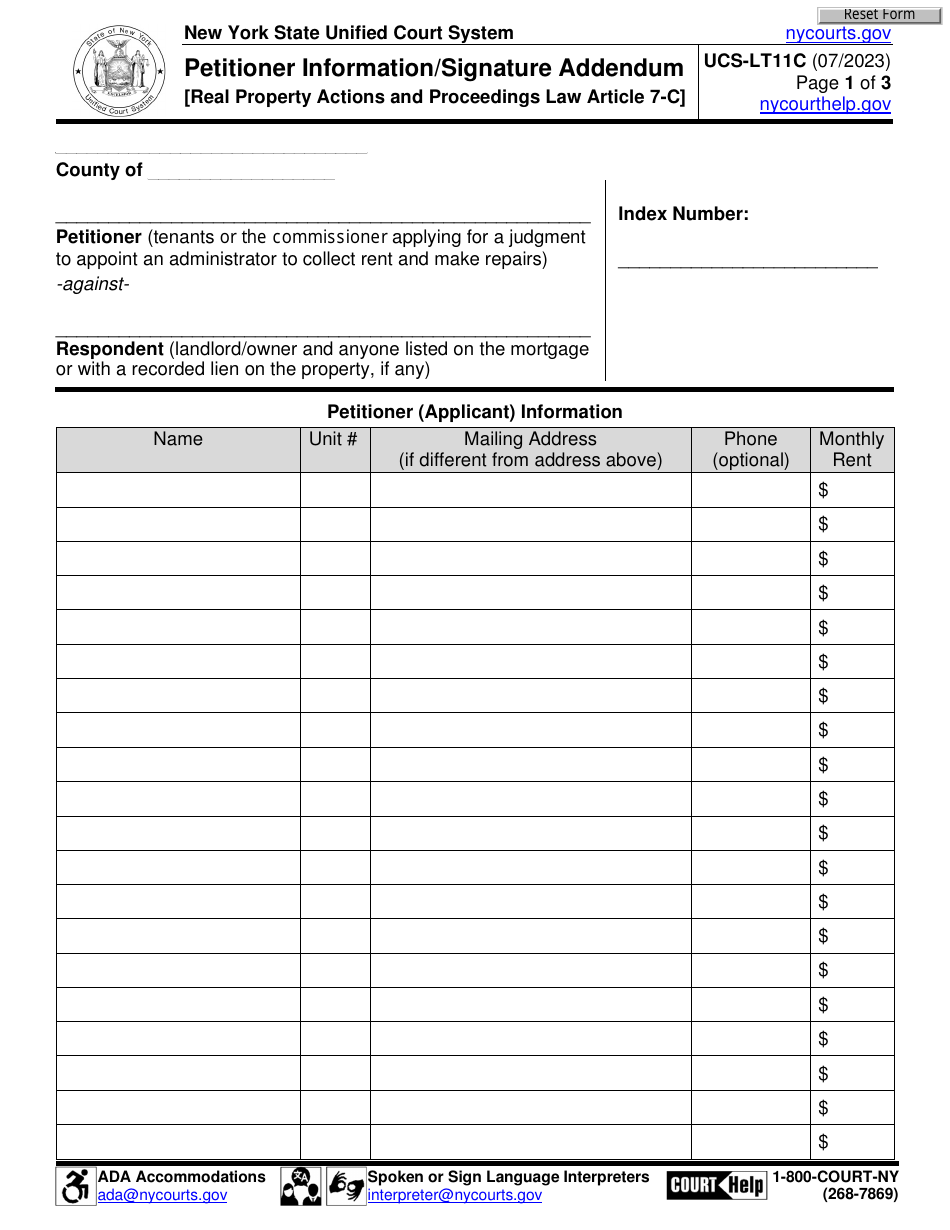 Form UCS-LT11C Petitioner Information / Signature Addendum - New York, Page 1