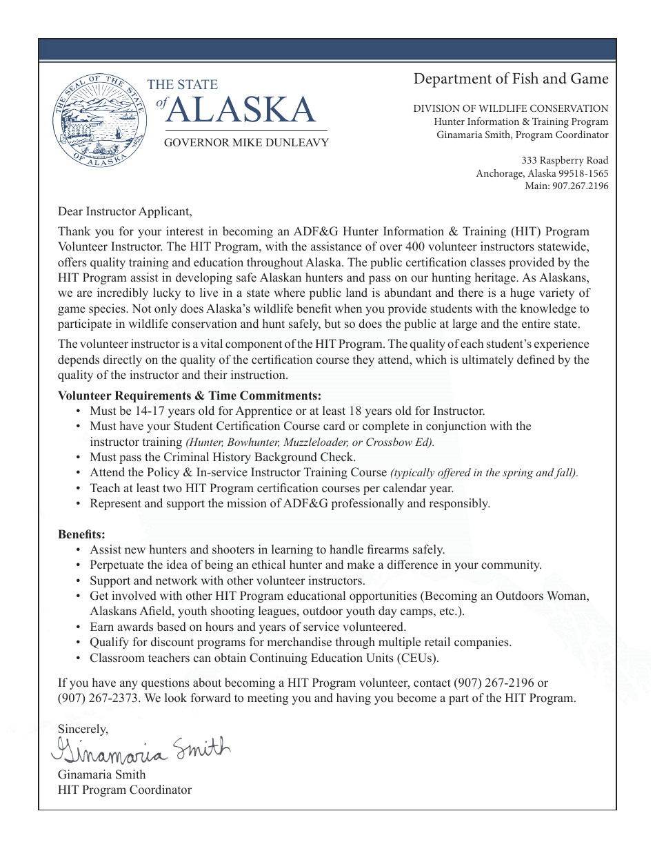 Volunteer Instructor Application Form - Hunter Information  Training Program - Alaska, Page 1