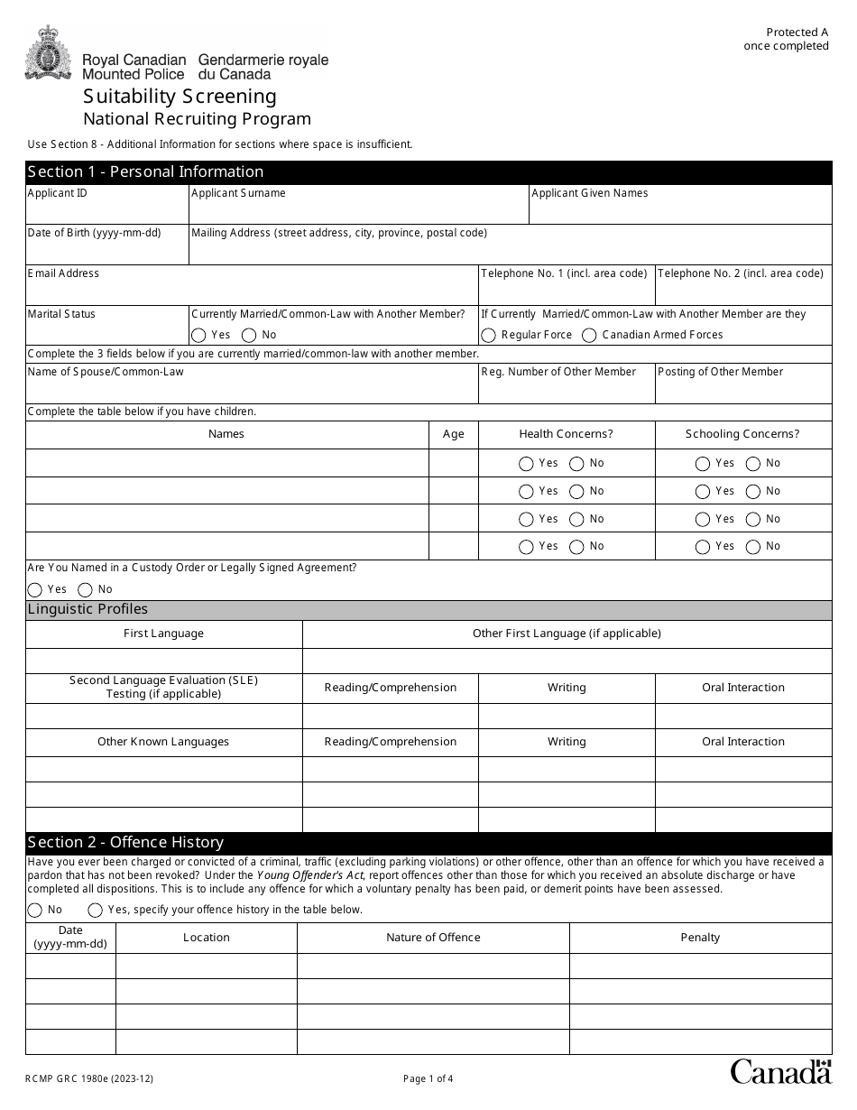 Form RCMP GRC1980 Suitability Screening - National Recruiting Program - Canada, Page 1