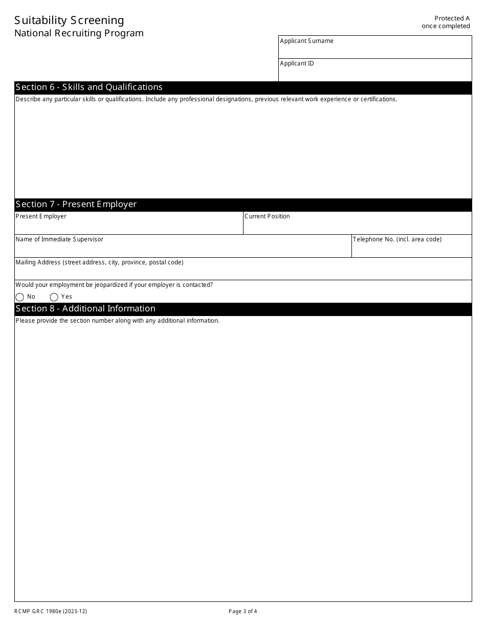 Form RCMP GRC1980 Suitability Screening - National Recruiting Program - Canada, Page 3