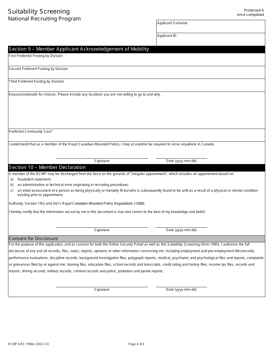 Form Rcmp Grc1980 Download Fillable Pdf Or Fill Online Suitability Screening National 5405