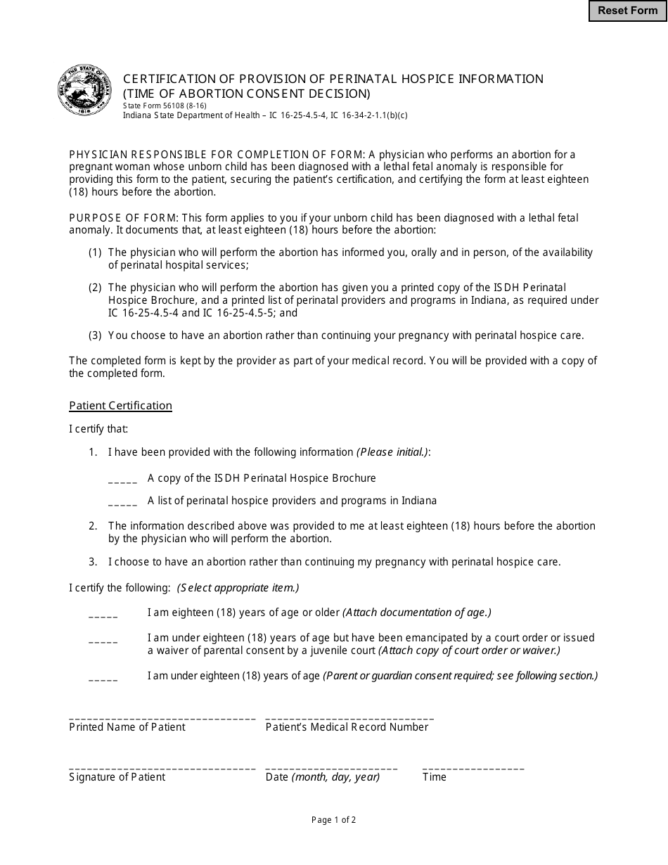 State Form 56108 Certification of Provision of Perinatal Hospice Information (Time of Abortion Consent Decision) - Indiana, Page 1