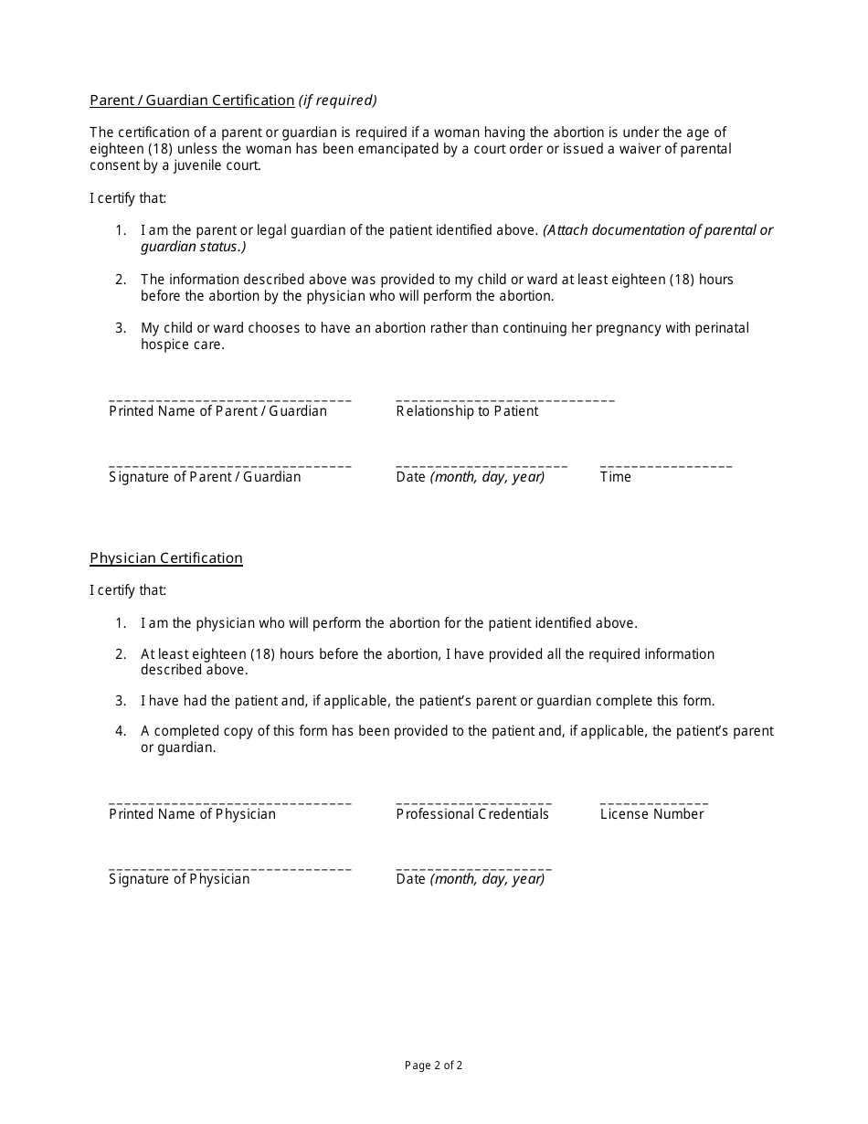 State Form 56108 Certification of Provision of Perinatal Hospice Information (Time of Abortion Consent Decision) - Indiana, Page 2