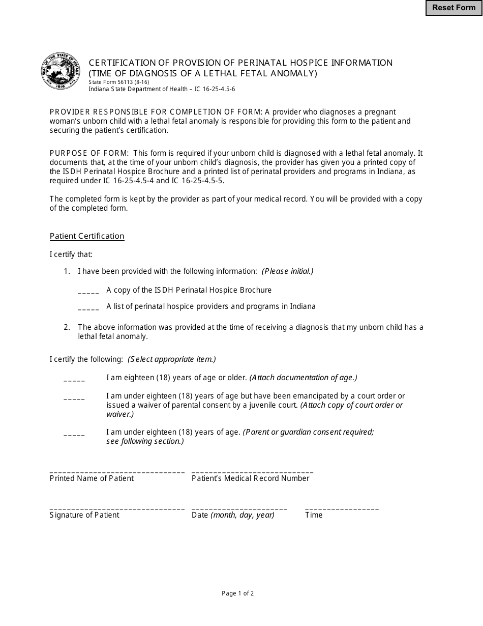State Form 56113 Certification of Provision of Perinatal Hospice Information (Time of Diagnosis of a Lethal Fetal Anomaly) - Indiana, Page 1