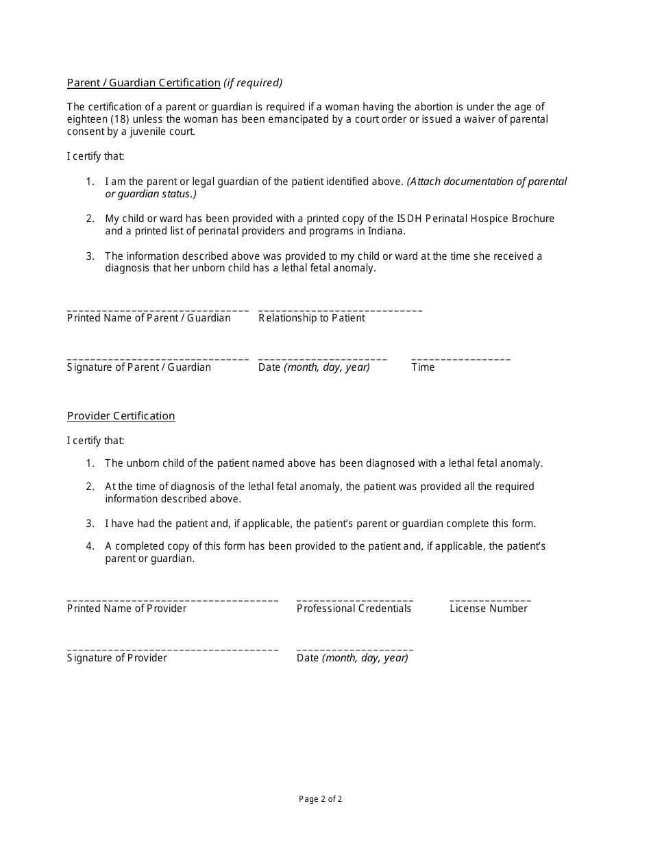 State Form 56113 Certification of Provision of Perinatal Hospice Information (Time of Diagnosis of a Lethal Fetal Anomaly) - Indiana, Page 2