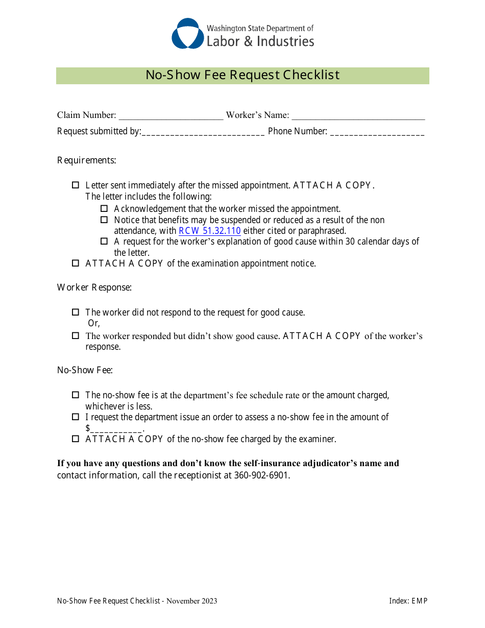 No-Show Fee Request Checklist - Washington, Page 1