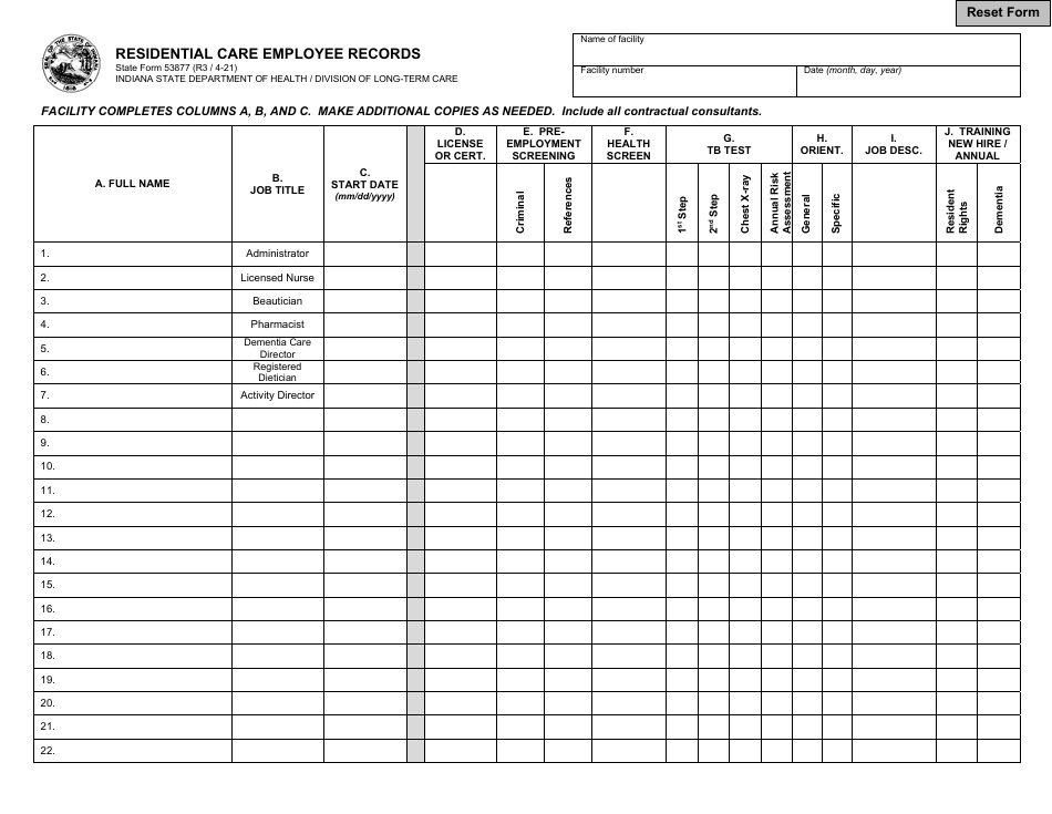 State Form 53877 Residential Care Employee Records - Indiana, Page 1