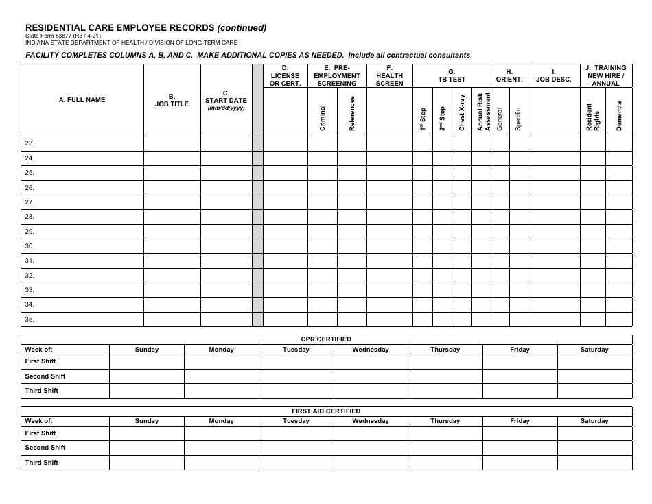 State Form 53877 Residential Care Employee Records - Indiana, Page 2
