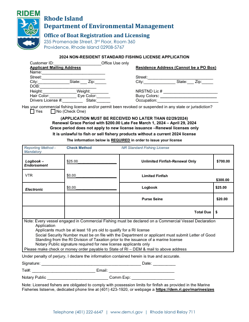 Non-resident Standard Fishing License Application - Rhode Island, 2024