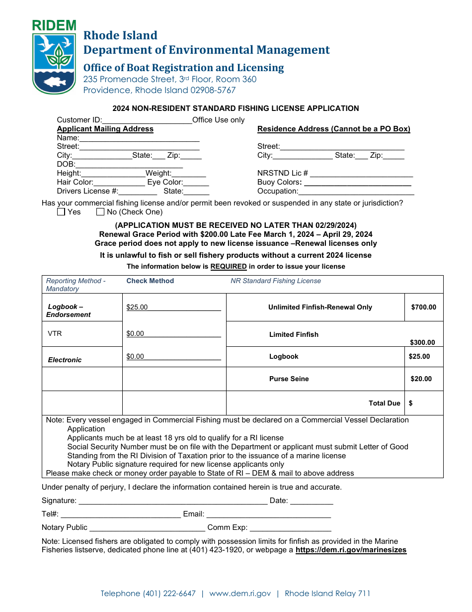 2024 Rhode Island Non-resident Standard Fishing License Application