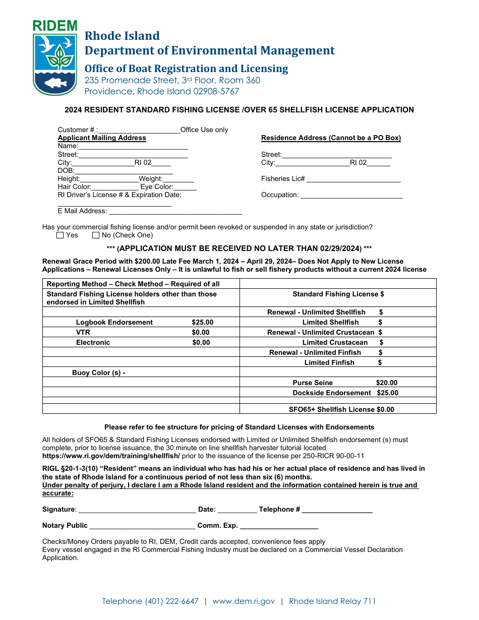 Resident Standard Fishing License / Over 65 Shellfish License Application - Rhode Island, Page 1
