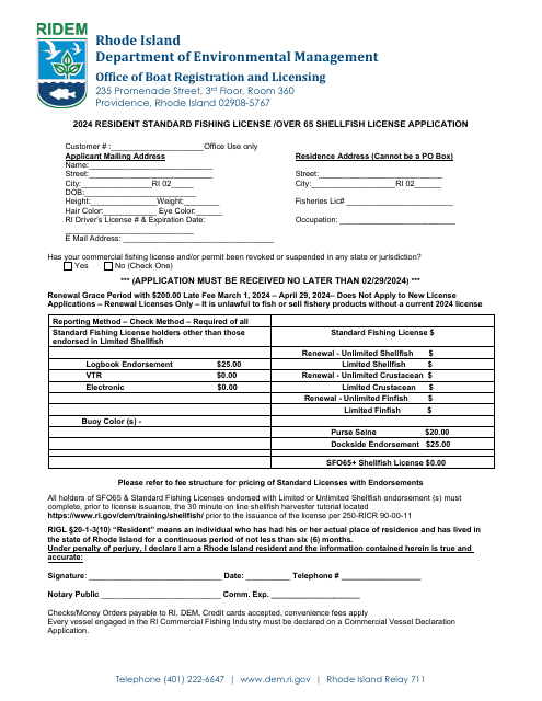 Resident Standard Fishing License/Over 65 Shellfish License Application - Rhode Island, 2024