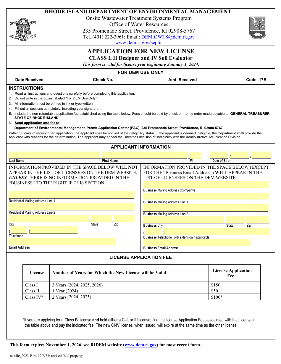 Application for New License - Class I, II Designer and IV Soil Evaluator - Rhode Island, Page 1