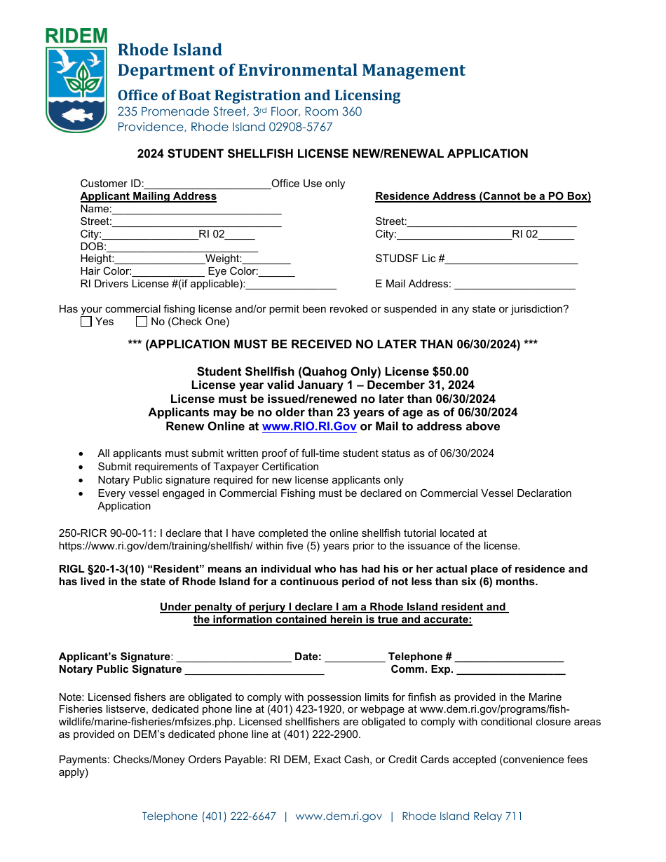 2024 Rhode Island Student Shellfish License New/Renewal Application