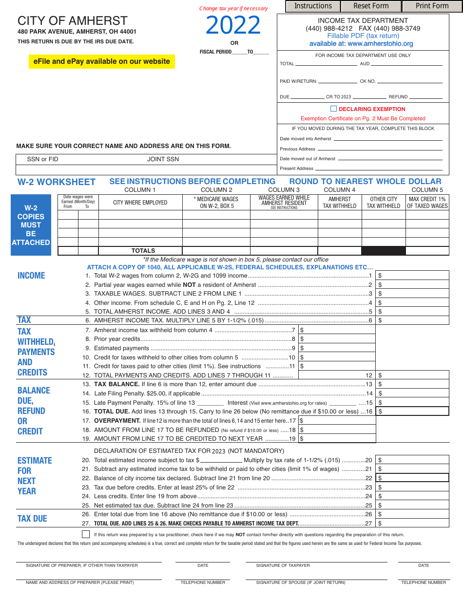 City of Amherst, Ohio Tax Form Download Fillable PDF 2021 — 2024