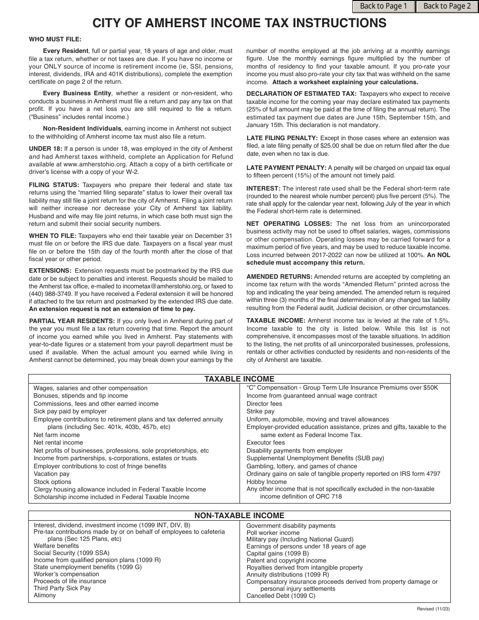 Income Tax Form - City of Amherst, Ohio, Page 3