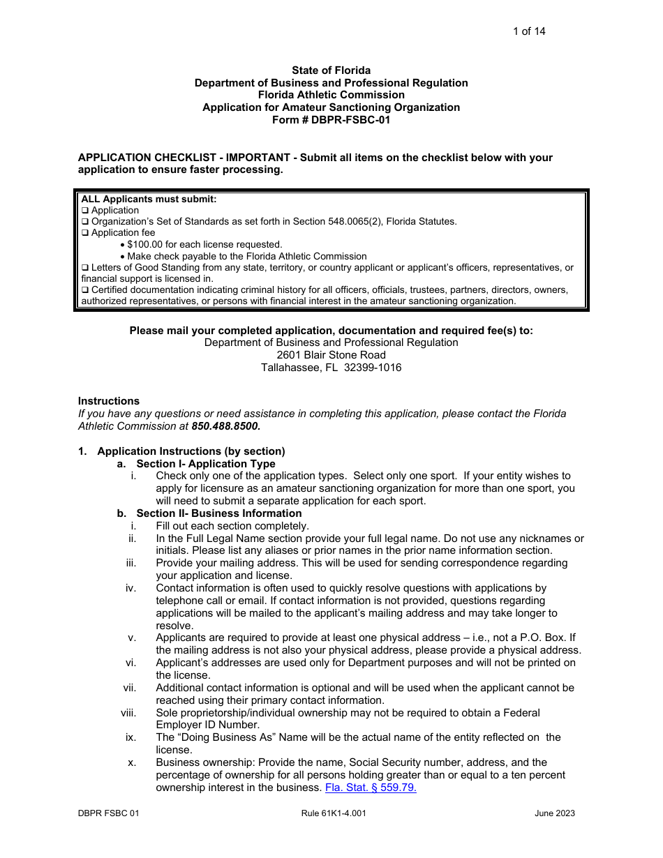 Form DBPR FSBC01 Application for Amateur Sanctioning Organization - Florida, Page 1