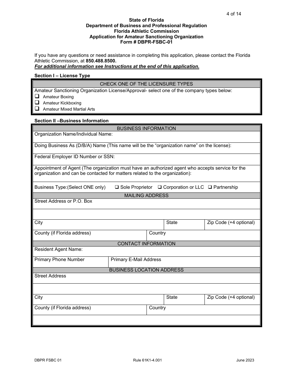 Form DBPR FSBC01 Download Printable PDF or Fill Online Application for ...