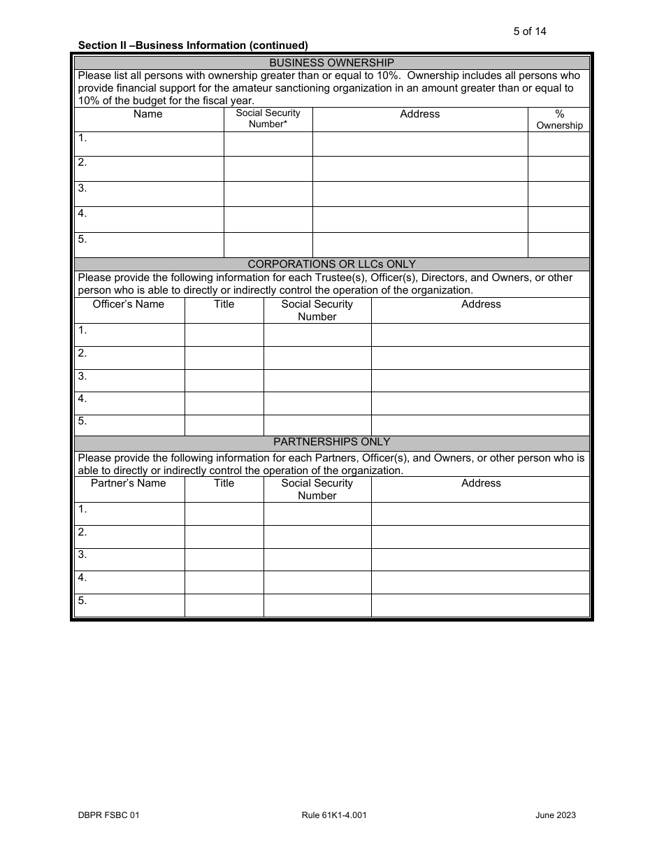 Form DBPR FSBC01 Download Printable PDF or Fill Online Application for ...