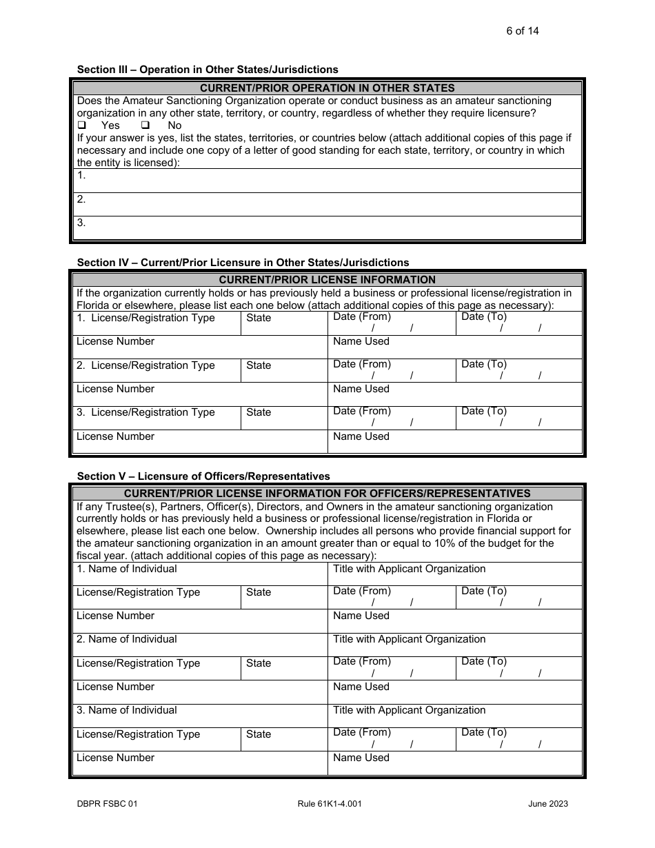 Form DBPR FSBC01 Download Printable PDF or Fill Online Application for ...