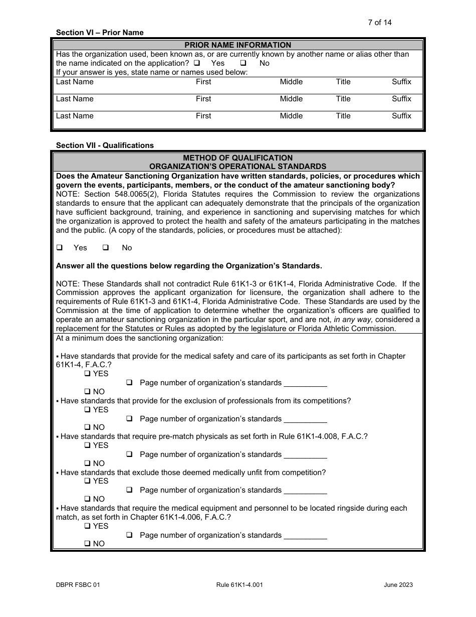 Form DBPR FSBC01 Application for Amateur Sanctioning Organization - Florida, Page 7