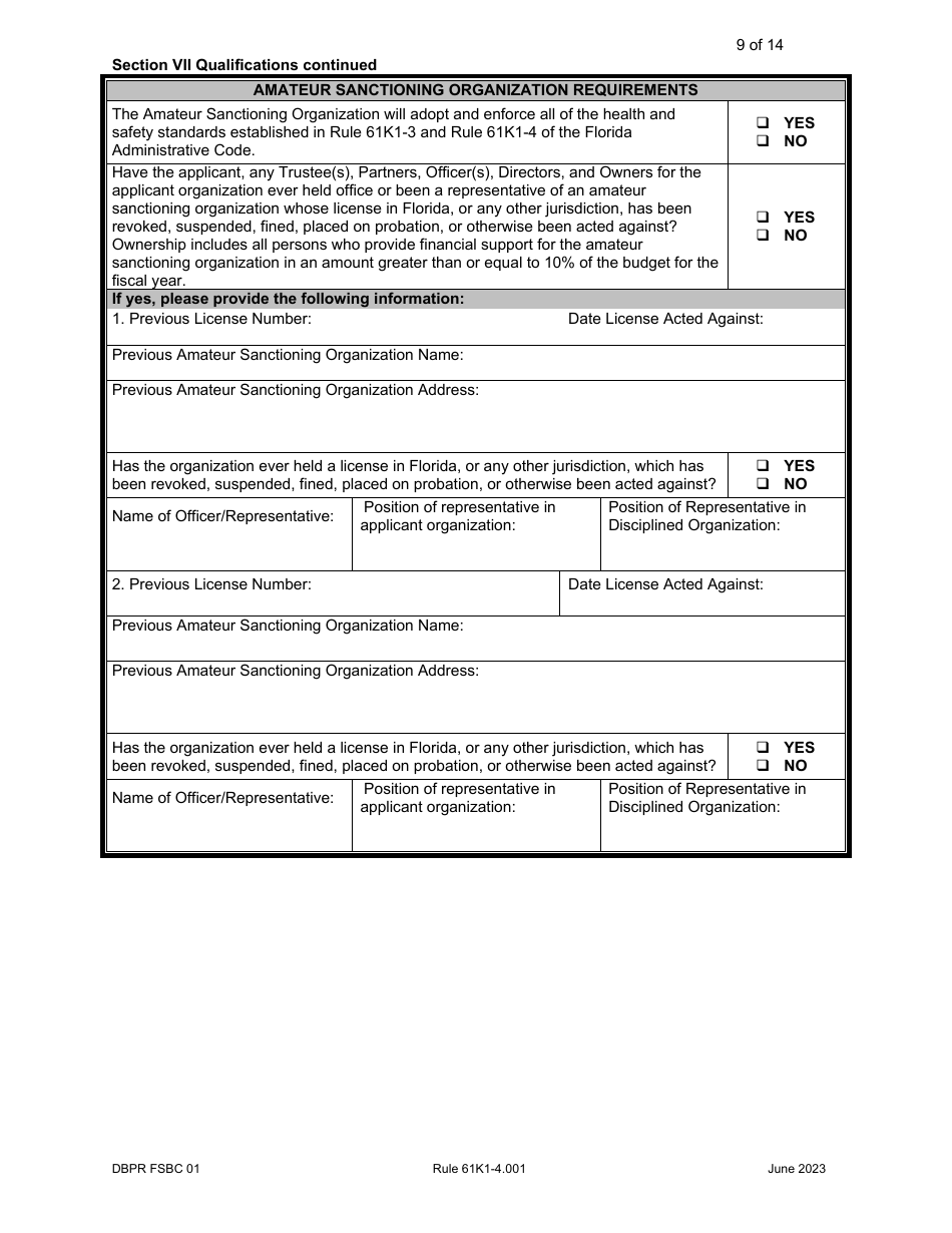 Form DBPR FSBC01 Download Printable PDF or Fill Online Application for ...