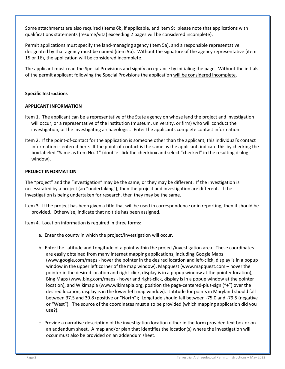 Instructions for Application for Permit Under Maryland Archaeological Historic Properties Act: Terrestrial Archaeology - Maryland, Page 2