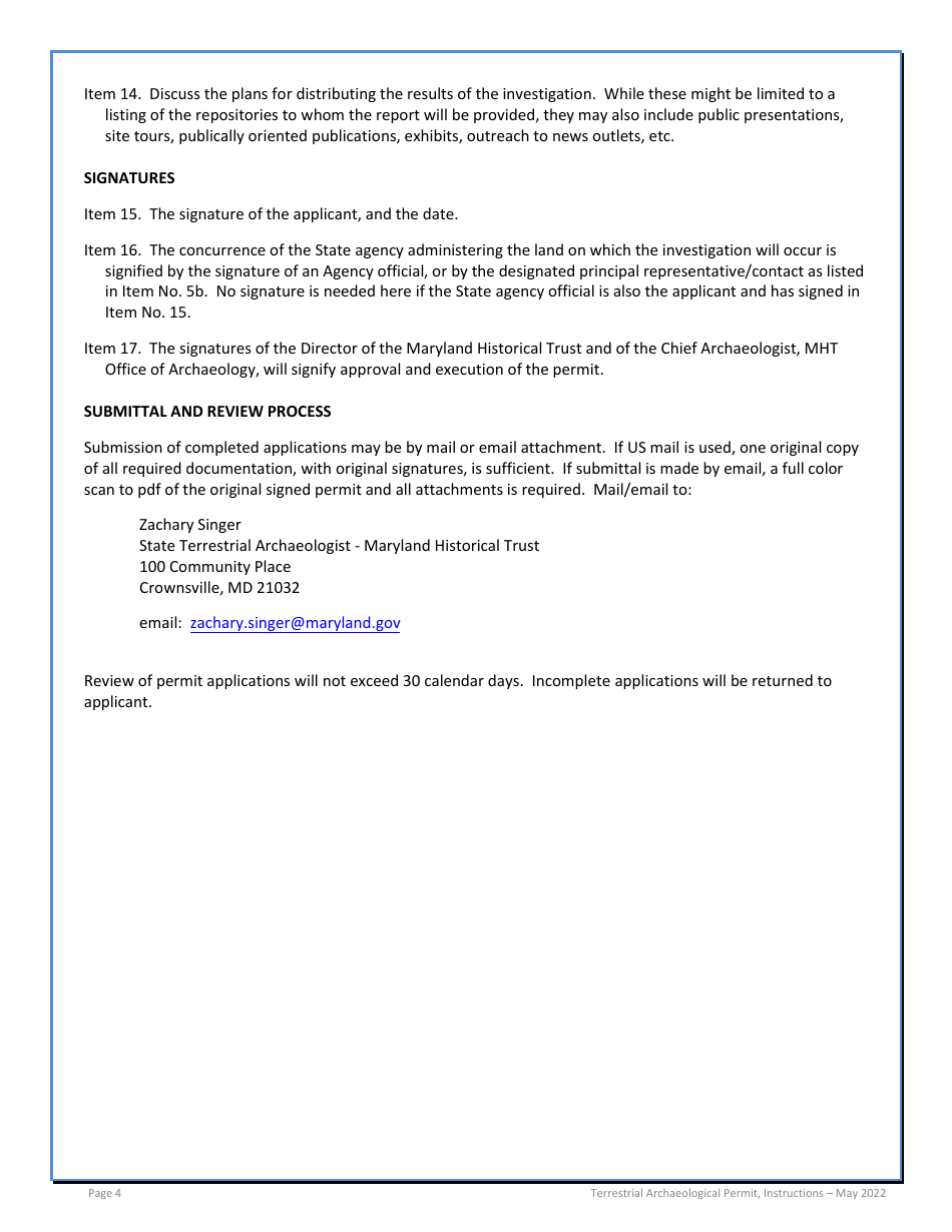 Instructions for Application for Permit Under Maryland Archaeological Historic Properties Act: Terrestrial Archaeology - Maryland, Page 4