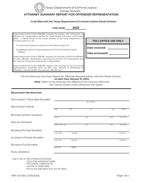 Form RRP-120 Attorney Summary Report for Offender Representation - Texas, 2023