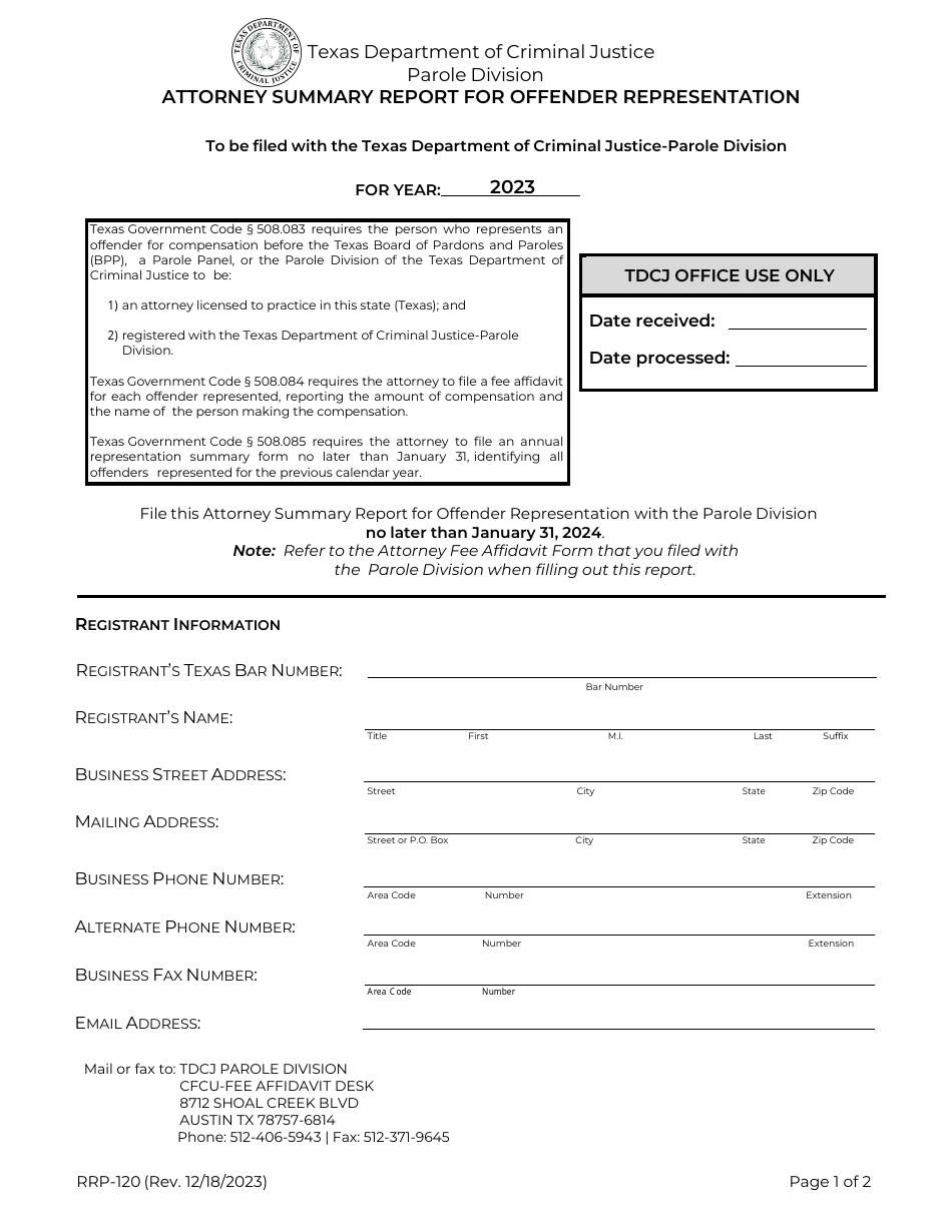 Form RRP-120 Attorney Summary Report for Offender Representation - Texas, Page 1