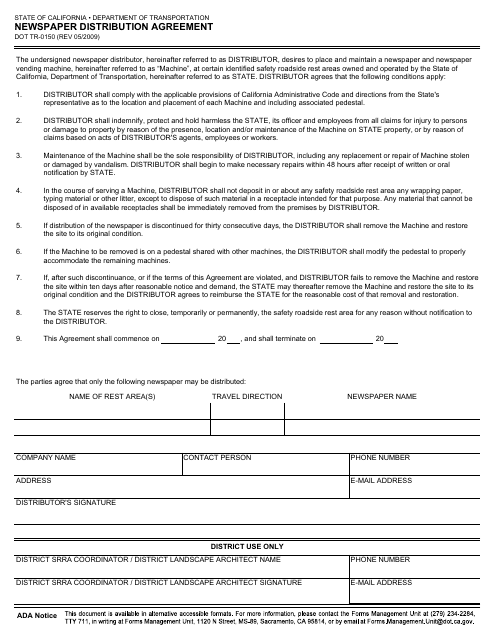 Form DOT TR-0150 Newspaper Distribution Agreement - California