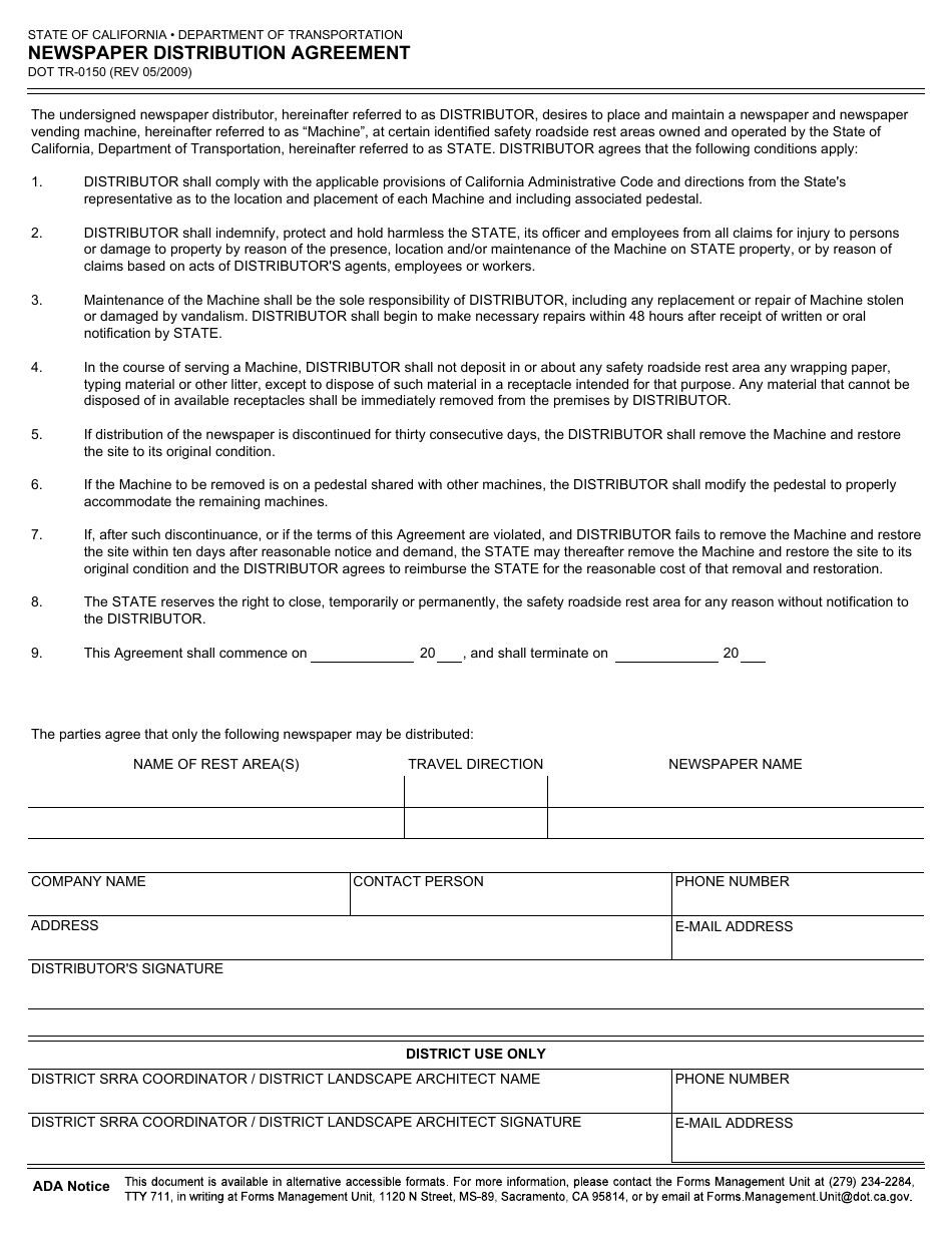 Form DOT TR-0150 Newspaper Distribution Agreement - California, Page 1