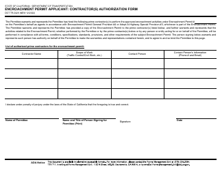 Form DOT TR-0429 Encroachment Permit Applicant: Contractor(S) Authorization Form - California