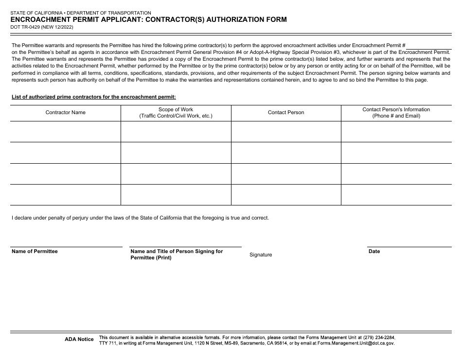 Form DOT TR-0429 Encroachment Permit Applicant: Contractor(S) Authorization Form - California, Page 1