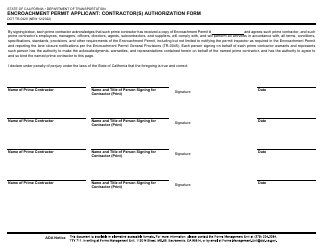 Form DOT TR-0429 Encroachment Permit Applicant: Contractor(S) Authorization Form - California, Page 2
