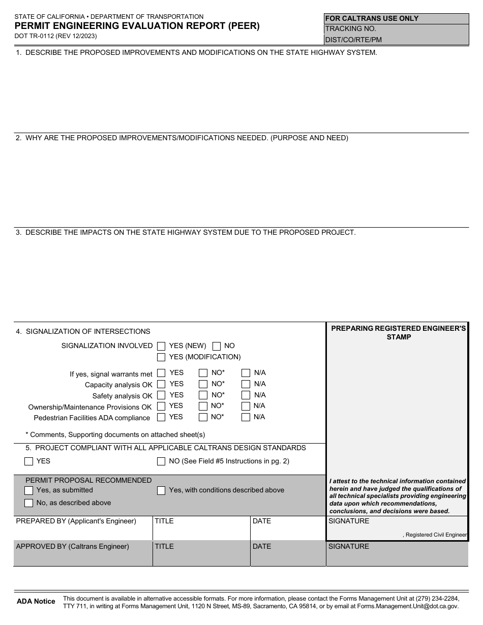Form DOT TR-0112 Permit Engineering Evaluation Report (Peer) - California, Page 1