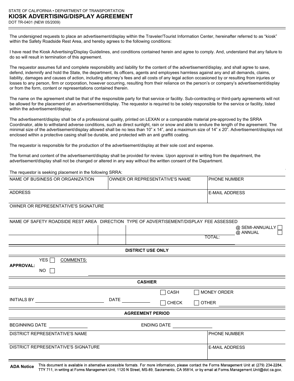 Form DOT TR-0401 Kiosk Advertising / Display Agreement - California, Page 1