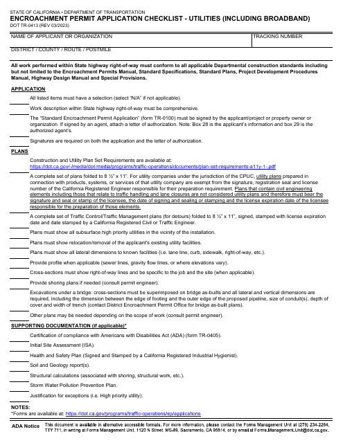 Form DOT TR-0413 Encroachment Permit Application Checklist - Utilities (Including Broadband) - California