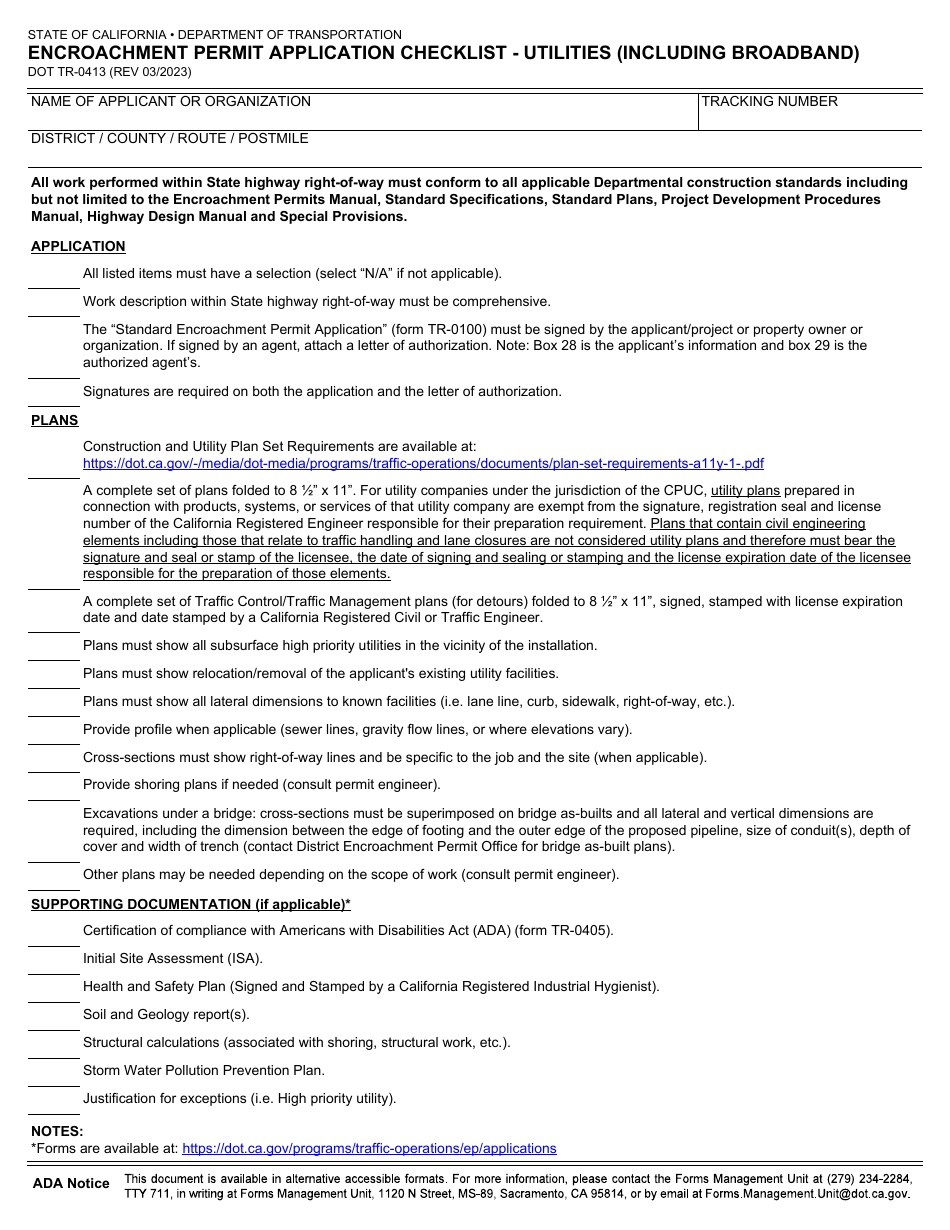 Form DOT TR-0413 Encroachment Permit Application Checklist - Utilities (Including Broadband) - California, Page 1