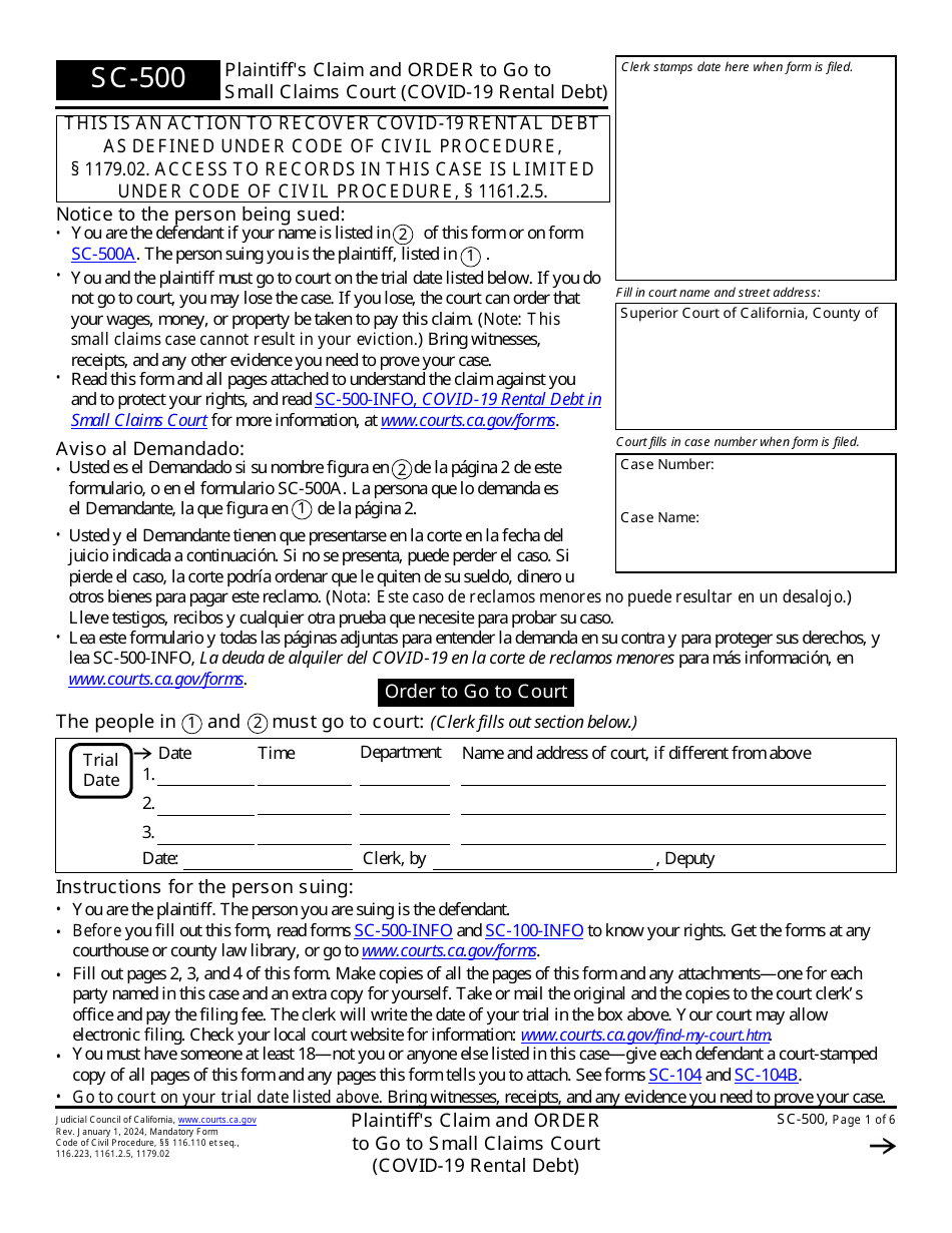 Form SC-500 Plaintiffs Claim and Order to Go to Small Claims Court (Covid-19 Rental Debt) - California (English / Spanish), Page 1