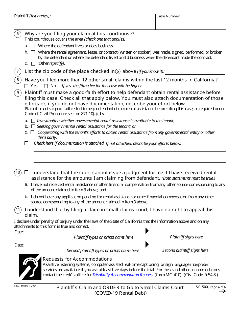 Form SC-500 Plaintiffs Claim and Order to Go to Small Claims Court (Covid-19 Rental Debt) - California (English / Spanish), Page 4