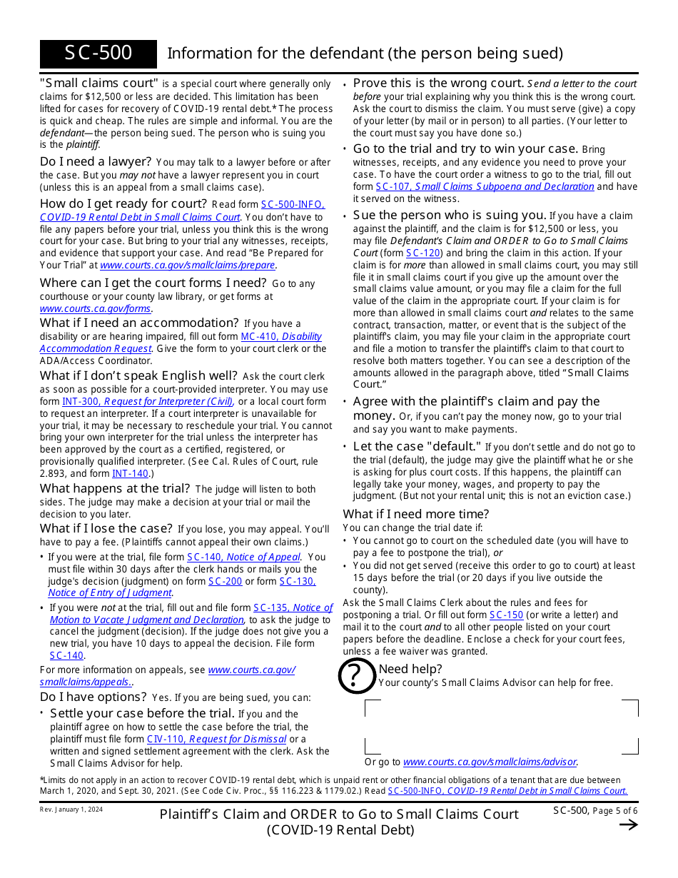 Form SC-500 Plaintiffs Claim and Order to Go to Small Claims Court (Covid-19 Rental Debt) - California (English / Spanish), Page 5