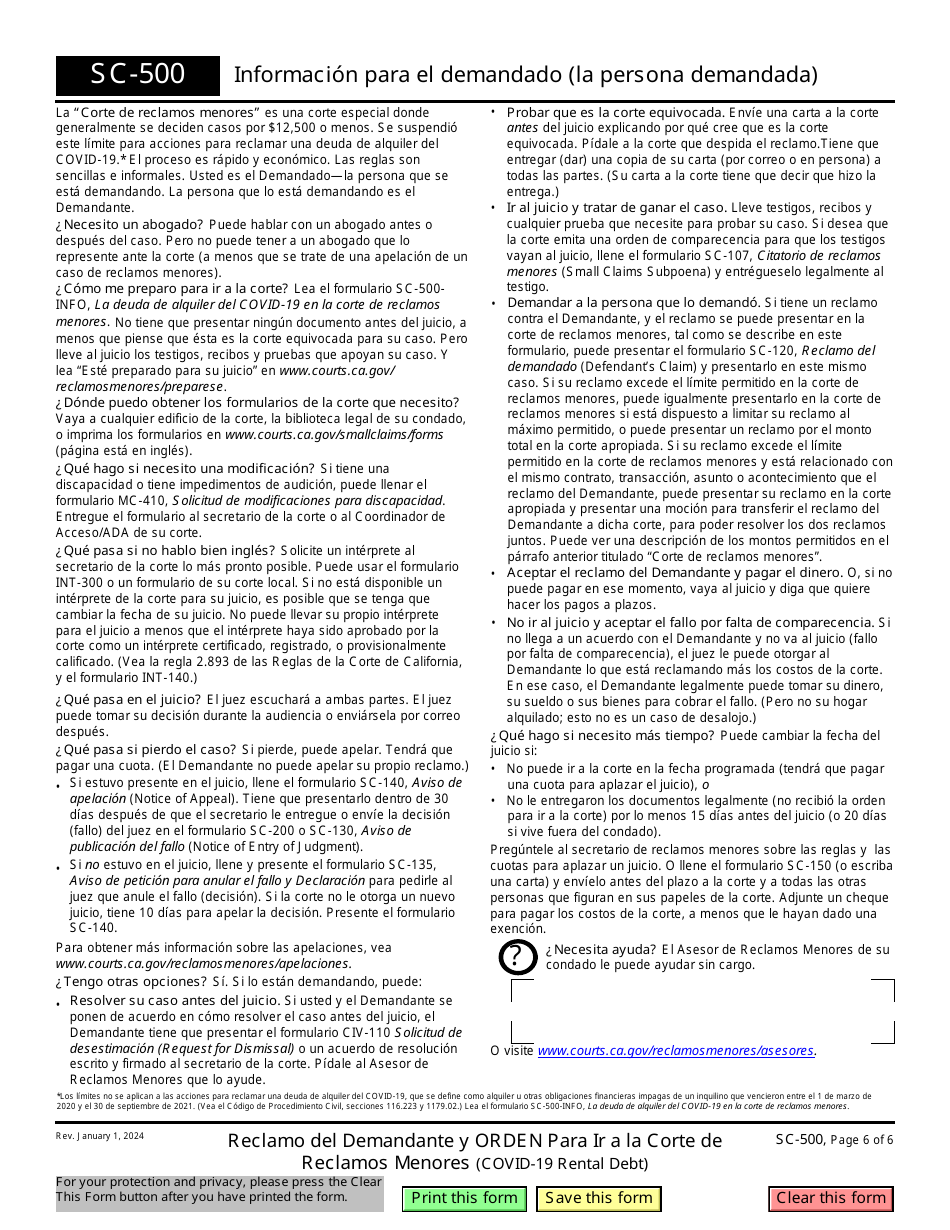Form SC-500 Plaintiffs Claim and Order to Go to Small Claims Court (Covid-19 Rental Debt) - California (English / Spanish), Page 6